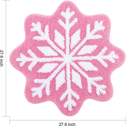 Pink Christmas Decor Snowflake Bathroom Rug, Snowflake Welcome Mat Non Slip Round Shaped Washable Bathtub Rug Bathroom Tub Kitchen Rug Decoration