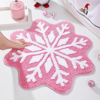 Pink Christmas Decor Snowflake Bathroom Rug, Snowflake Welcome Mat Non Slip Round Shaped Washable Bathtub Rug Bathroom Tub Kitchen Rug Decoration
