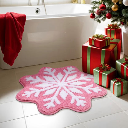 Pink Christmas Decor Snowflake Bathroom Rug, Snowflake Welcome Mat Non Slip Round Shaped Washable Bathtub Rug Bathroom Tub Kitchen Rug Decoration