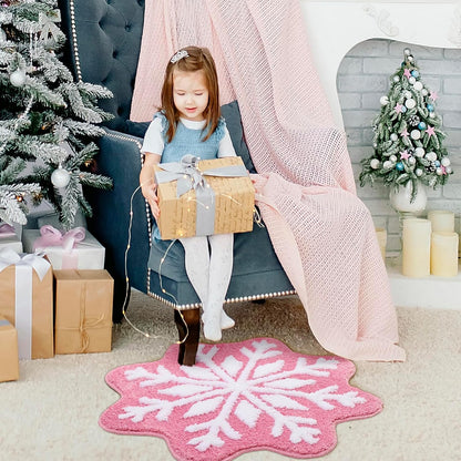Pink Christmas Decor Snowflake Bathroom Rug, Snowflake Welcome Mat Non Slip Round Shaped Washable Bathtub Rug Bathroom Tub Kitchen Rug Decoration