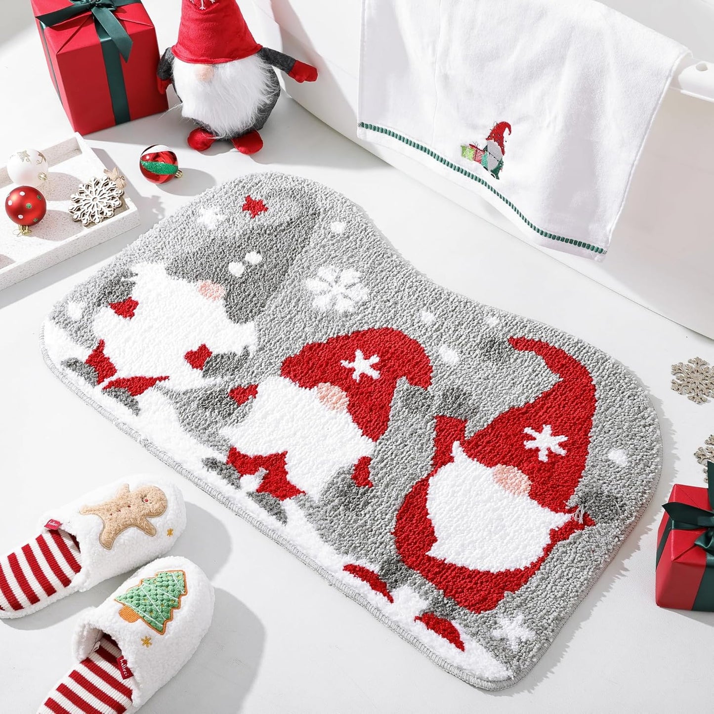Bathroom Rugs Grey Christmas Rug with Tomte Cute Bath Mat Xmas Washable Kitchen Rugs for Living Room and Bedroom Non Slip