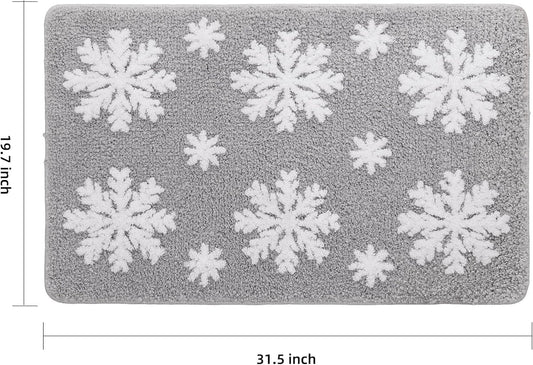 Christmas Grey Snowflake Bath Mat for Bathroom - Cute Absorbent Washable Bathroom Rugs with Non Slip Backing - Fun Snowflake Bathroom Mat for Christmas Decorations