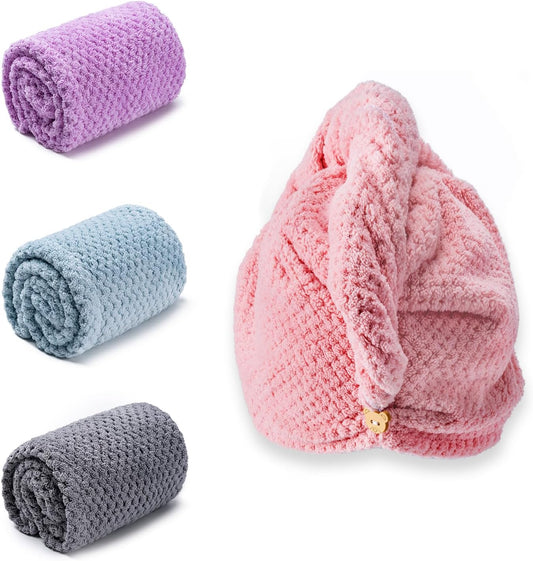 Hair Towel Wrap, 4 Packs 9.8 x 25.6 Inch Towel Turbans for Wet Hair, Dry Hair Towel, Headbands for Curly and Long Hair - Bathroom Must-Have for Ladies.