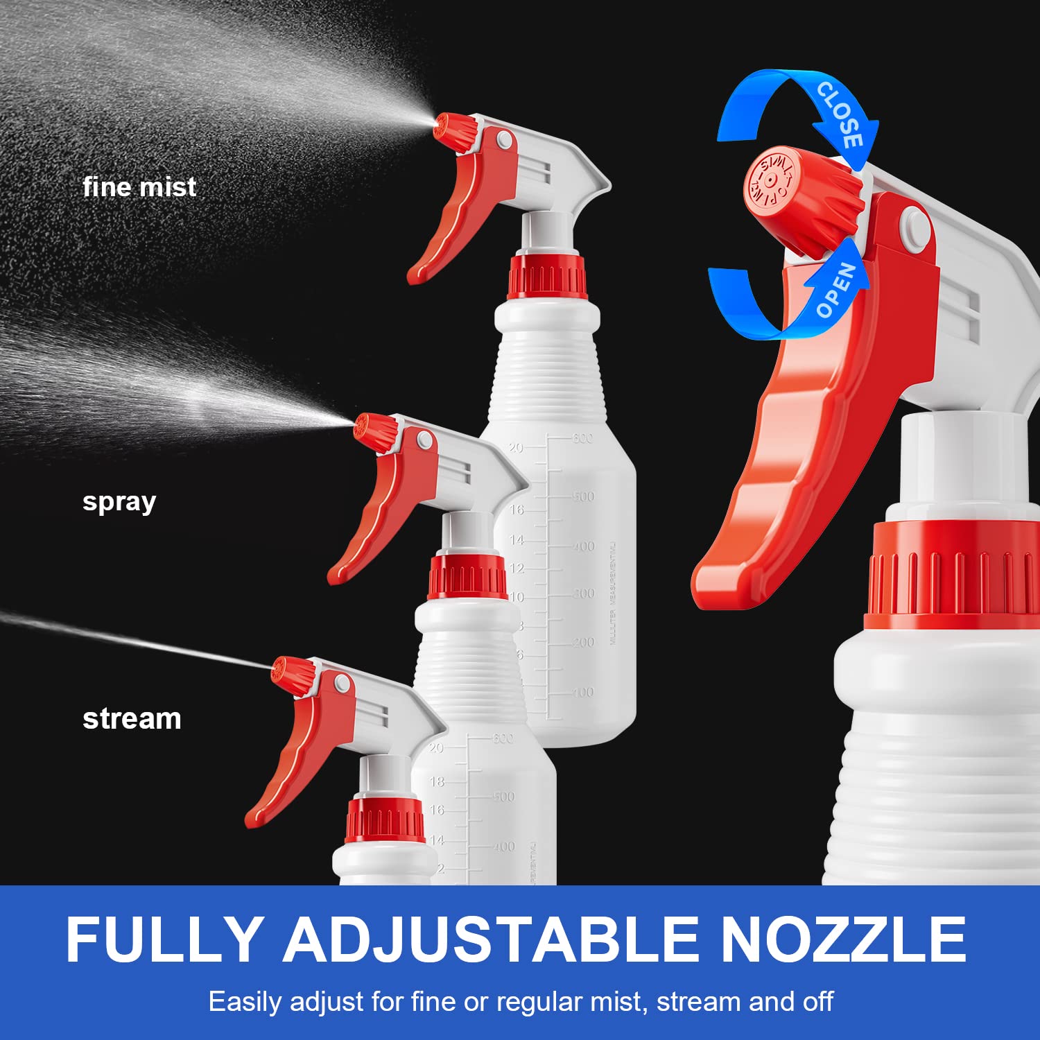 Spray Bottles (4 Pack, 24 Oz) Refillable Empty Plastic Water Spraying Bottle for Cleaning Solutions, Hair Spray, Car Detail, Watering Plants, Heavy Duty Mist Stream Sprayer with Measurement.