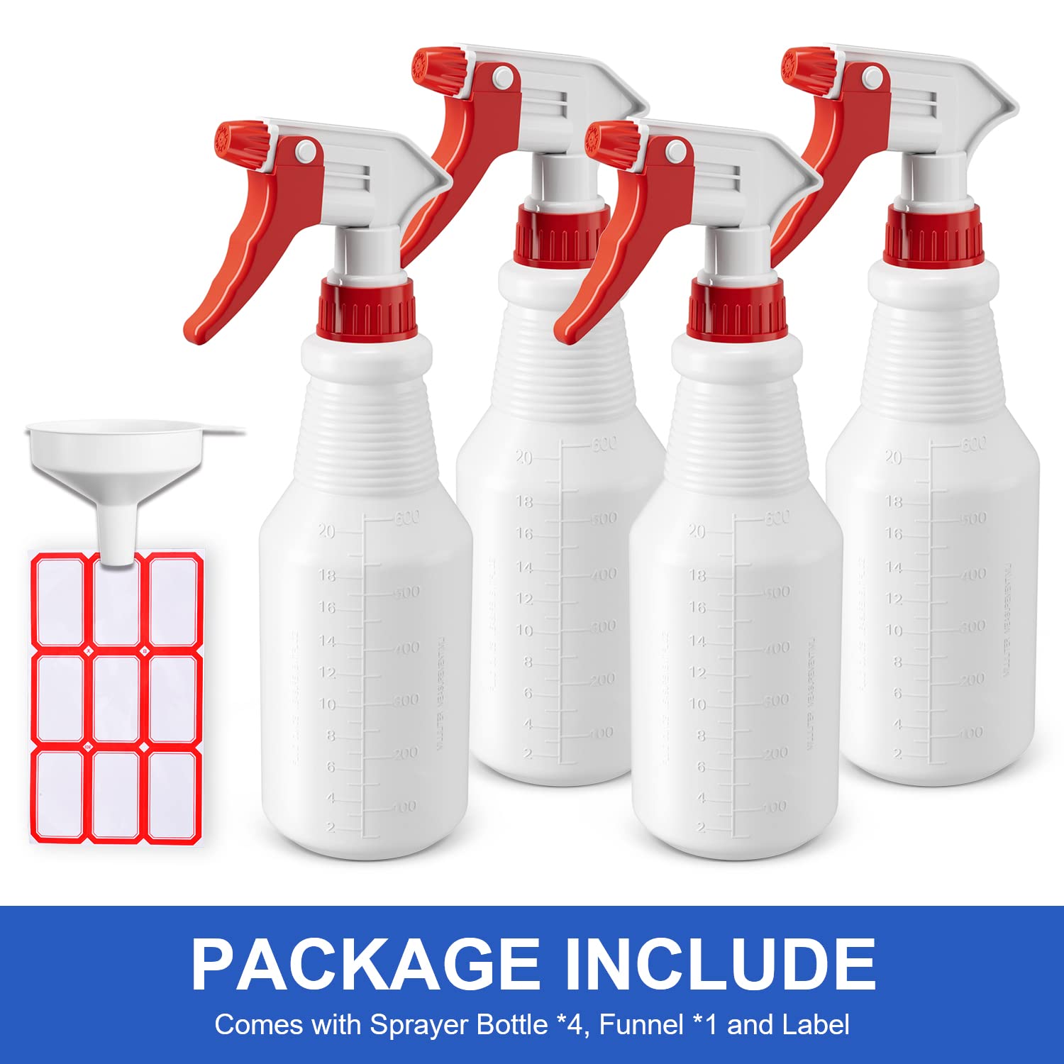Spray Bottles (4 Pack, 24 Oz) Refillable Empty Plastic Water Spraying Bottle for Cleaning Solutions, Hair Spray, Car Detail, Watering Plants, Heavy Duty Mist Stream Sprayer with Measurement.