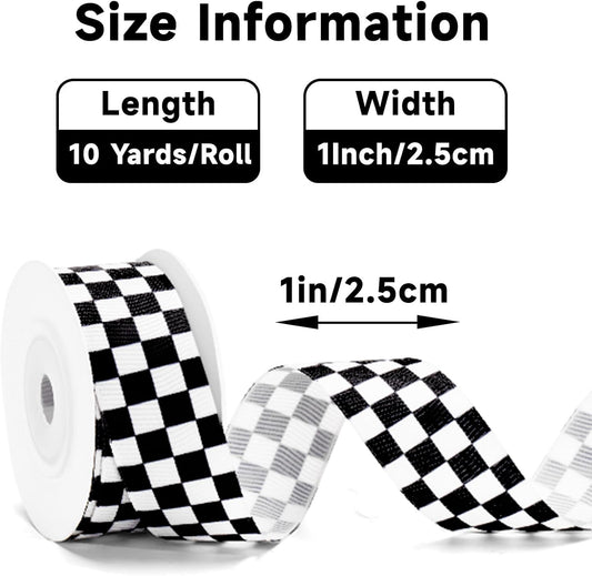 Black and White Checkered Ribbon - Racing Car Theme Black Grosgrain Buffalo Plaid Ribbon for Gift Wrapping, 1 in x 10 Yds White Gingham Ribbons for Crafts, Wreath, and Racing Cakes Decor
