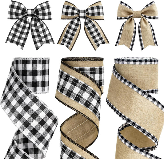 Buffalo Plaid Ribbon Wired – 3 Rolls 2.5'' x 18 Yards, Burlap Black and White Plaid Ribbons for Crafts, Christmas Gift Wrapping, Wreaths and Decoration