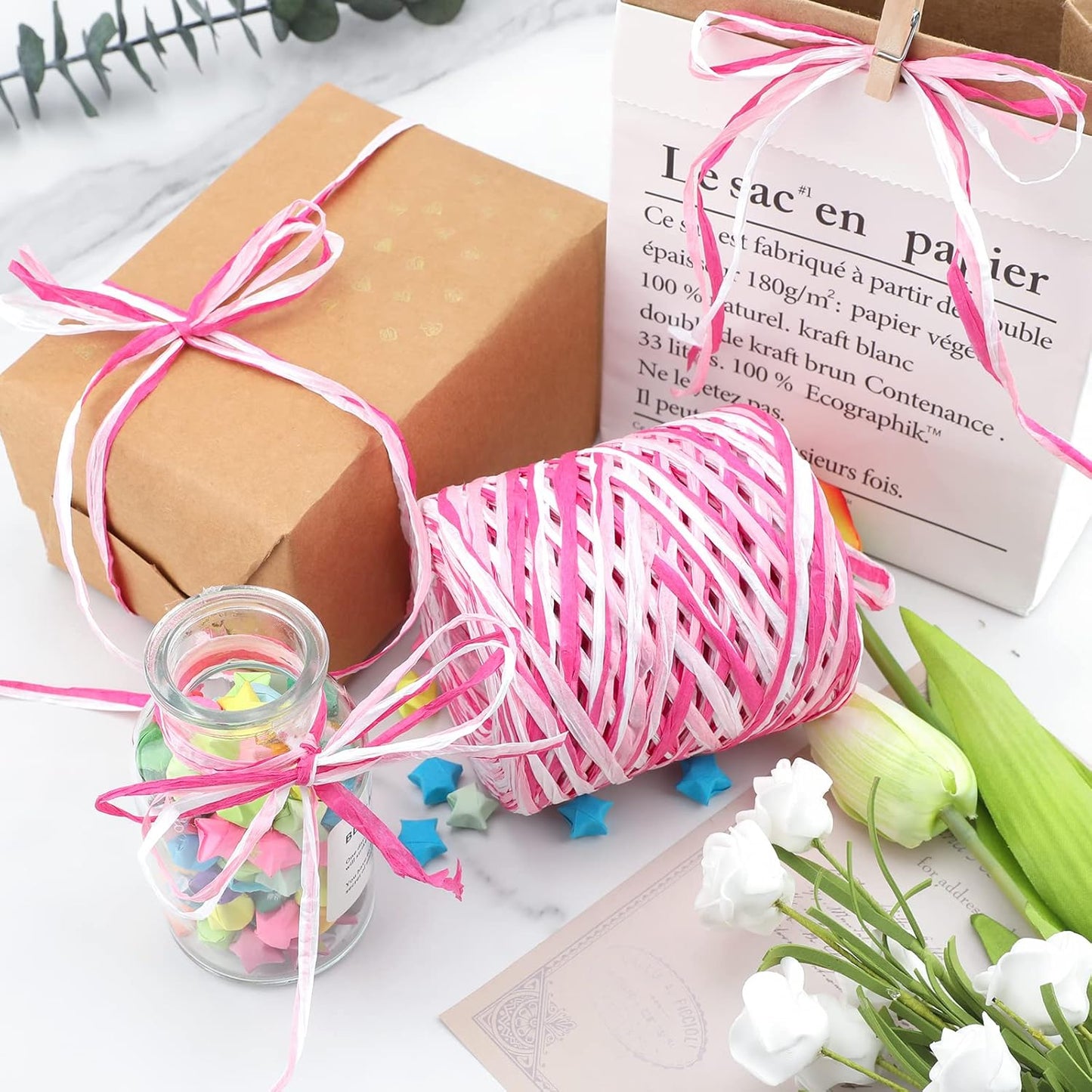 Valentine's Day Raffia Ribbon, 524 Feet Pink Paper Gift Ribbon for Gift Wrapping, Decorating, Crafts, DIY Projects, Festivals, Parties