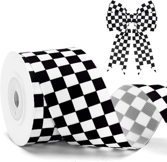 Black and White Checkered Ribbon - Racing Car Theme Black Grosgrain Buffalo Plaid Ribbon for Gift Wrapping, 1.5 in x 10 Yds White Gingham Ribbons for Crafts, Wreath, and Racing Cakes Decor