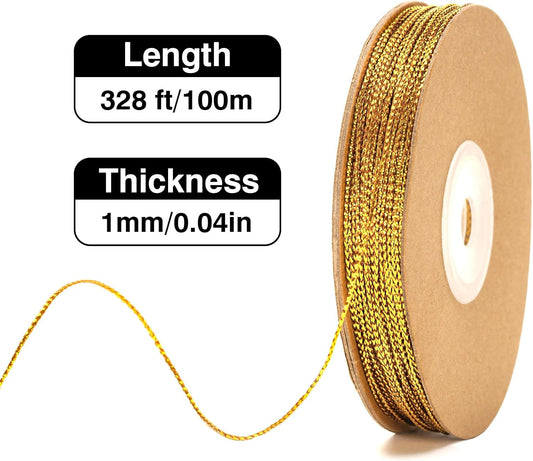Gold String Metallic Twine - 1mm 328 Feet Gold String for Crafts Christmas String Glitter Decorative Cord for Gift Wrapping Christmas Decorations Tags Ornaments