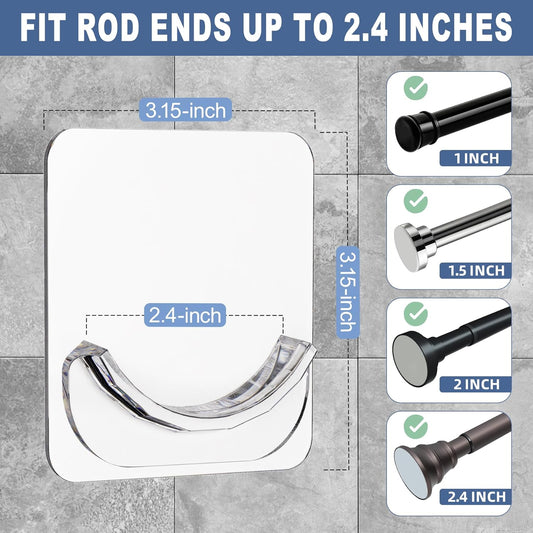 2 Pack Adhesive Curtain Rod Holders, No Drilling Shower Curtain Tension Rod Support Holder, Transparent Clear Durable Bathroom Rod Bracket