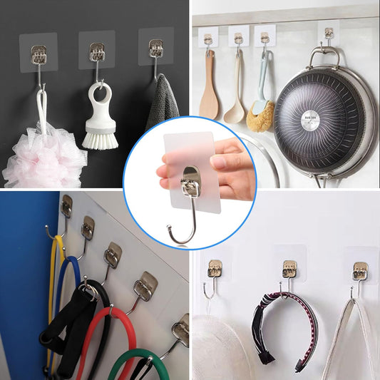 10-Pack Large Adhesive Hooks, Wreath Hangers, Heavy Duty Adhesive Hooks 37 lb(Max), Sticky Wall Hook fit Home, Bathroom, Kitchen, Office and Outdoor (Transparent Gray)