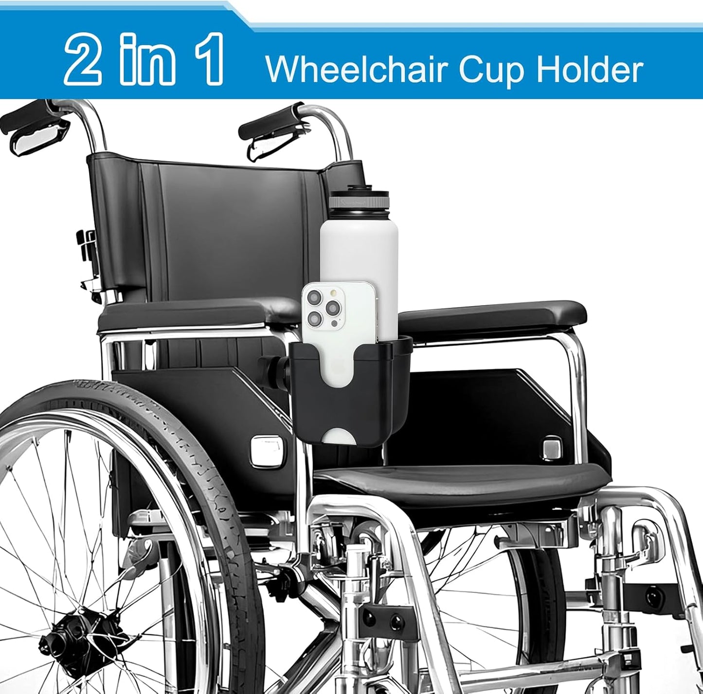 2-in-1 Walker Cup Holder with Phone Holder, Wheelchair Cup Holder, Rollator Cup Holder, Cup Phone Holder for Walker, Wheelchair, Rollator, Mobility Scooter.