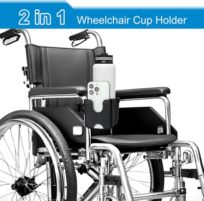 2-in-1 Walker Cup Holder with Phone Holder, Wheelchair Cup Holder, Rollator Cup Holder, Cup Phone Holder for Walker, Wheelchair, Rollator, Mobility Scooter.