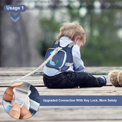 Toddler Harness Leash+ Anti Lost Wrist Link,  Cute Dinosaur Kids Harness with Leash, Foldable Child Leash Baby Walking Wristband Assistant Strap Belt Hold Baby Boys Girls Close While Walking