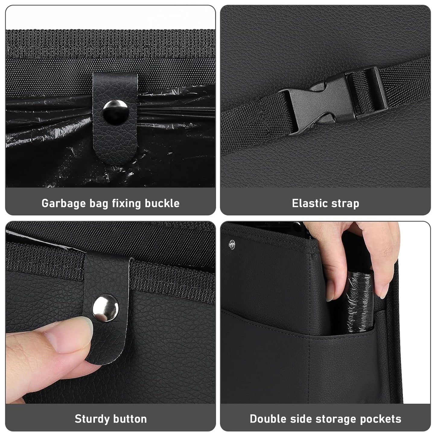 Car Trash Can with Pocket, Small Vehicle Dustbin Automotive Garbage Organizer Bin with 60 Pcs Trash Bags, Hanging Cars Storage Container for SUV Vans (Black)