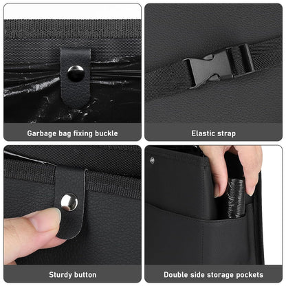 Car Trash Can with Pocket, Small Vehicle Dustbin Automotive Garbage Organizer Bin with 60 Pcs Trash Bags, Hanging Cars Storage Container for SUV Vans (Black)