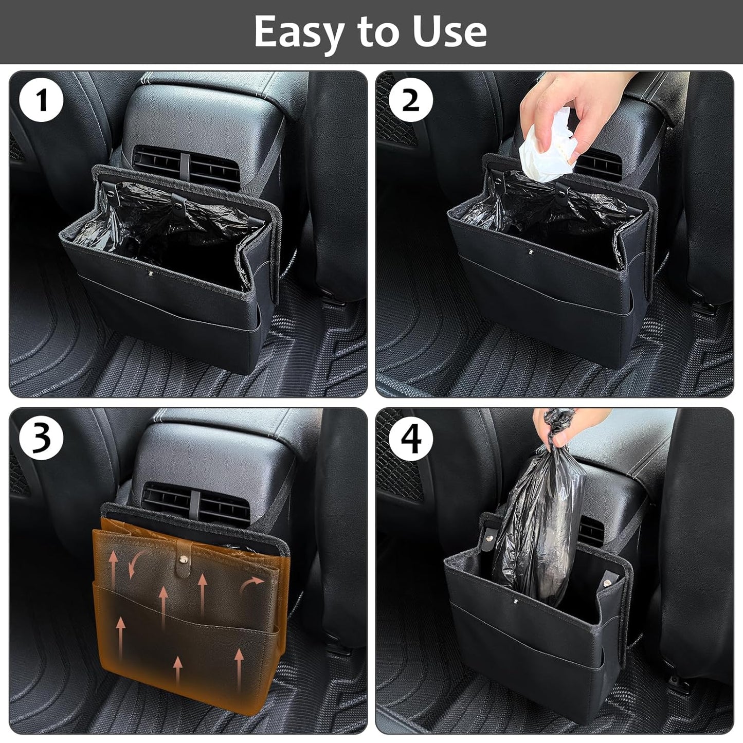 Car Trash Can with Pocket, Small Vehicle Dustbin Automotive Garbage Organizer Bin with 60 Pcs Trash Bags, Hanging Cars Storage Container for SUV Vans (Black)