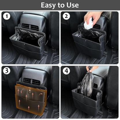 Car Trash Can with Pocket, Small Vehicle Dustbin Automotive Garbage Organizer Bin with 60 Pcs Trash Bags, Hanging Cars Storage Container for SUV Vans (Black)