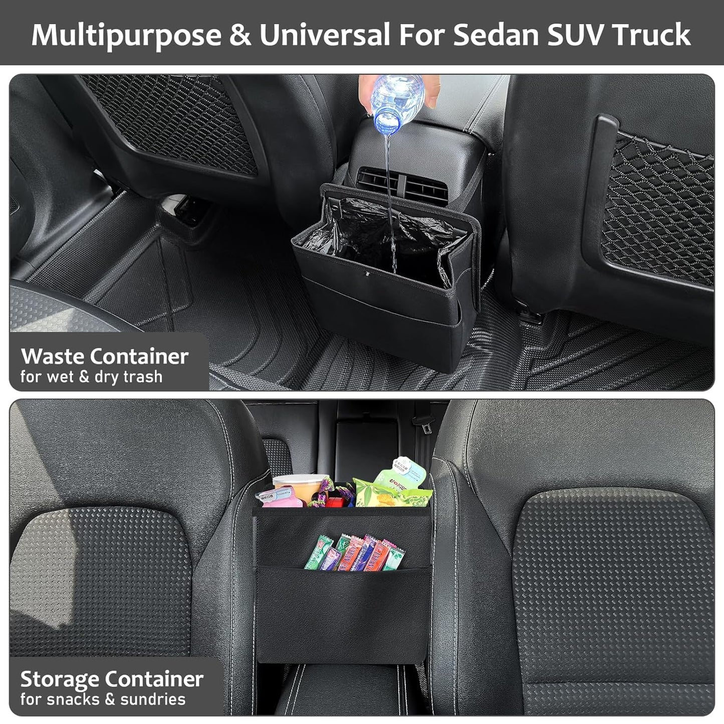 Car Trash Can with Pocket, Small Vehicle Dustbin Automotive Garbage Organizer Bin with 60 Pcs Trash Bags, Hanging Cars Storage Container for SUV Vans (Black)