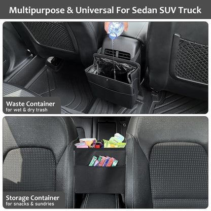 Car Trash Can with Pocket, Small Vehicle Dustbin Automotive Garbage Organizer Bin with 60 Pcs Trash Bags, Hanging Cars Storage Container for SUV Vans (Black)
