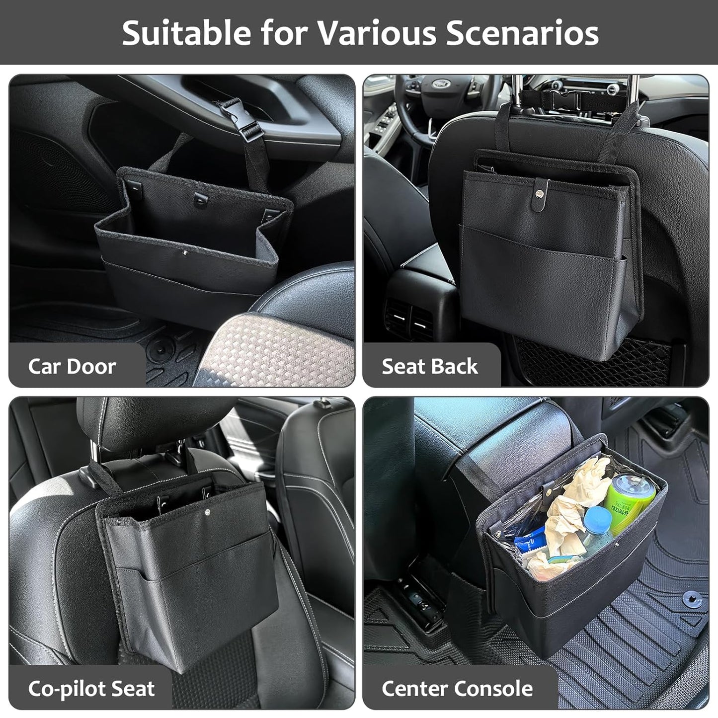 Car Trash Can with Pocket, Small Vehicle Dustbin Automotive Garbage Organizer Bin with 60 Pcs Trash Bags, Hanging Cars Storage Container for SUV Vans (Black)