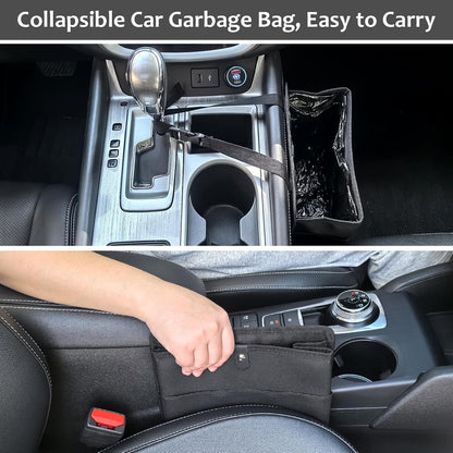 Car Trash Can with Pocket, Small Vehicle Dustbin Automotive Garbage Organizer Bin with 60 Pcs Trash Bags, Hanging Cars Storage Container for SUV Vans (Black)