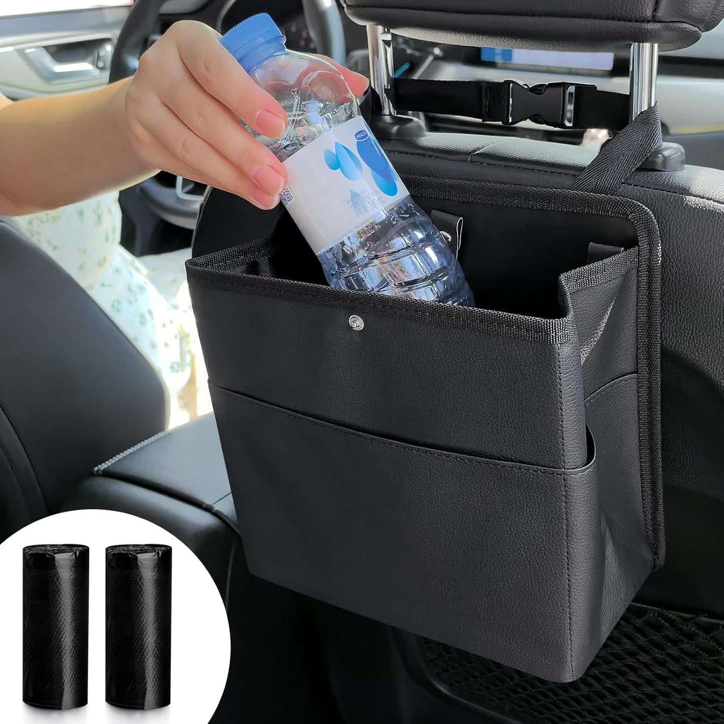 Car Trash Can with Pocket, Small Vehicle Dustbin Automotive Garbage Organizer Bin with 60 Pcs Trash Bags, Hanging Cars Storage Container for SUV Vans (Black)