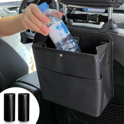 Car Trash Can with Pocket, Small Vehicle Dustbin Automotive Garbage Organizer Bin with 60 Pcs Trash Bags, Hanging Cars Storage Container for SUV Vans (Black)