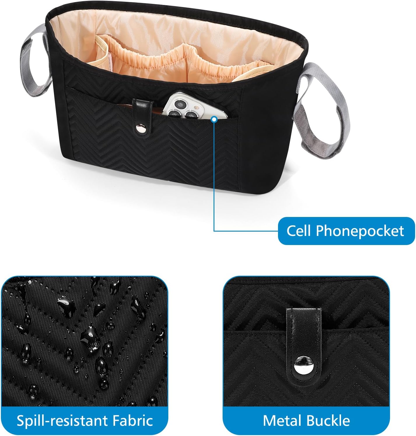 Universal Stroller Organizer, Stroller Bag Stroller Caddy Organizer, Stroller Accessories Fits for Uppababy, Baby Jogger, Nuna, Doona, Britax Strollers, Black