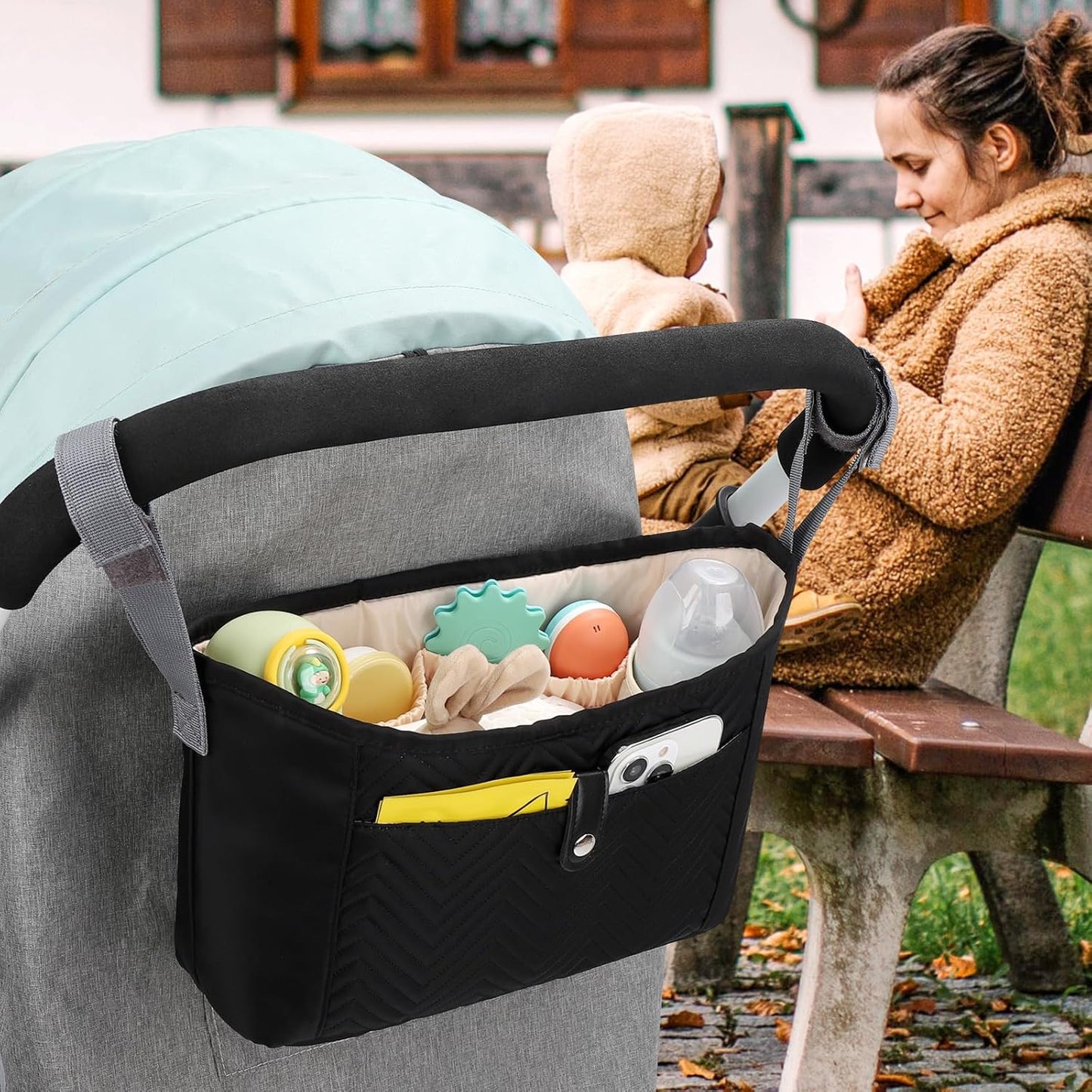 Universal Stroller Organizer, Stroller Bag Stroller Caddy Organizer, Stroller Accessories Fits for Uppababy, Baby Jogger, Nuna, Doona, Britax Strollers, Black