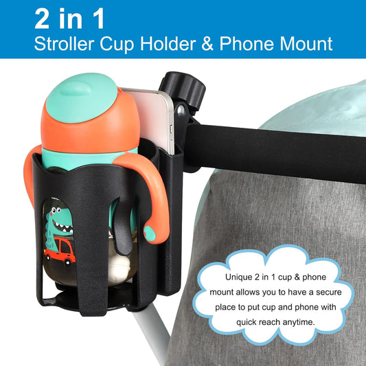 Stroller Cup Holder with Phone Holder, Bike Cup Holder, 2-in-1 Universal Cup Holder for Stroller, Bike, Pushchair, Rollator, Wheelchair, Walker, Scooter.