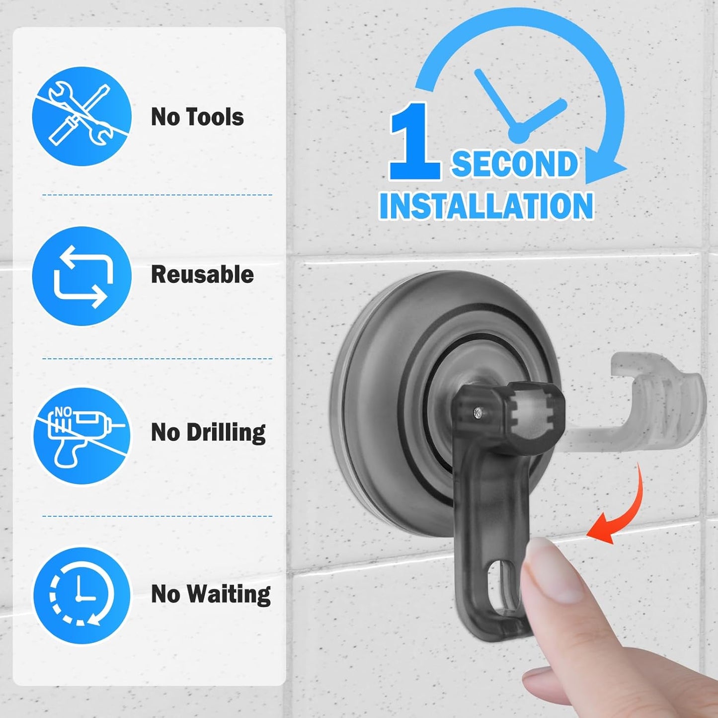 Suction Cup Hooks for Shower, Powerful Vacuum Shower Hook for Towel, Robe, Loofah - Reuseable and Removeable Bathroom Hook, Gray, 6 Pack