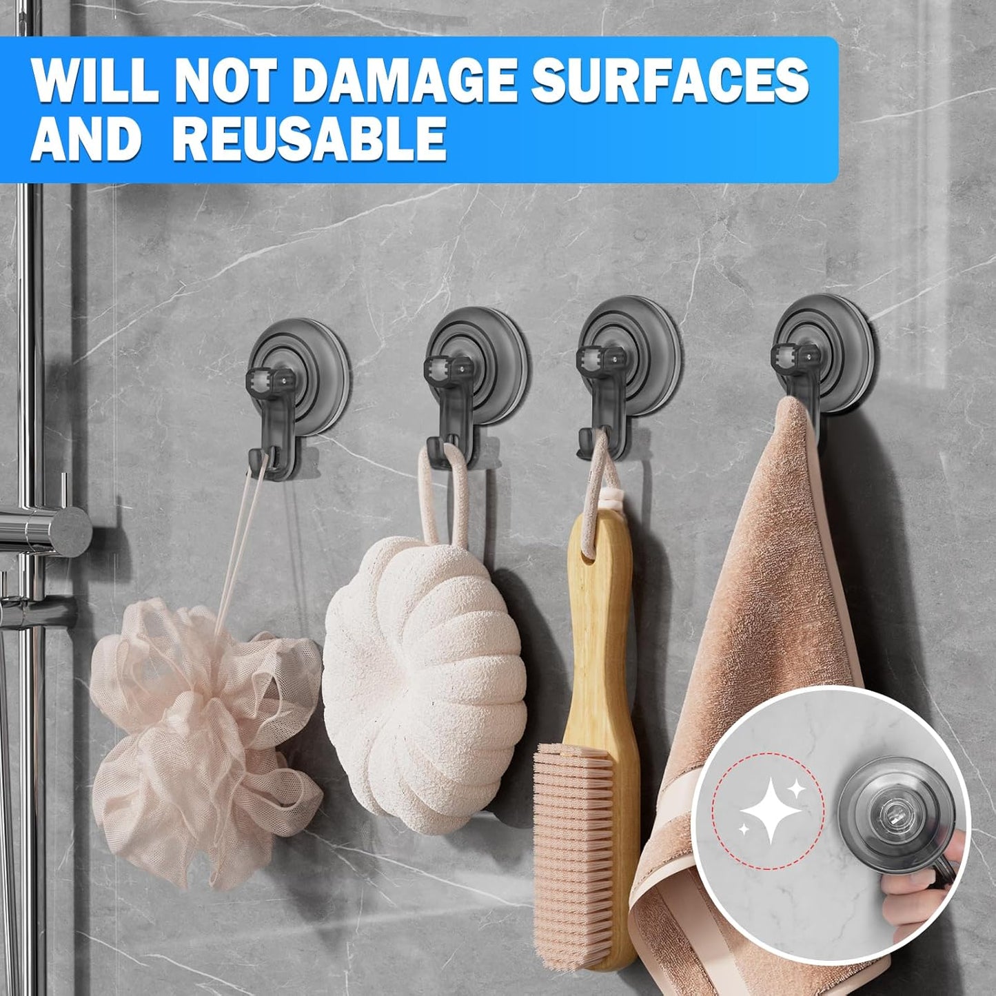 Suction Cup Hooks for Shower, Powerful Vacuum Shower Hook for Towel, Robe, Loofah - Reuseable and Removeable Bathroom Hook, Gray, 6 Pack