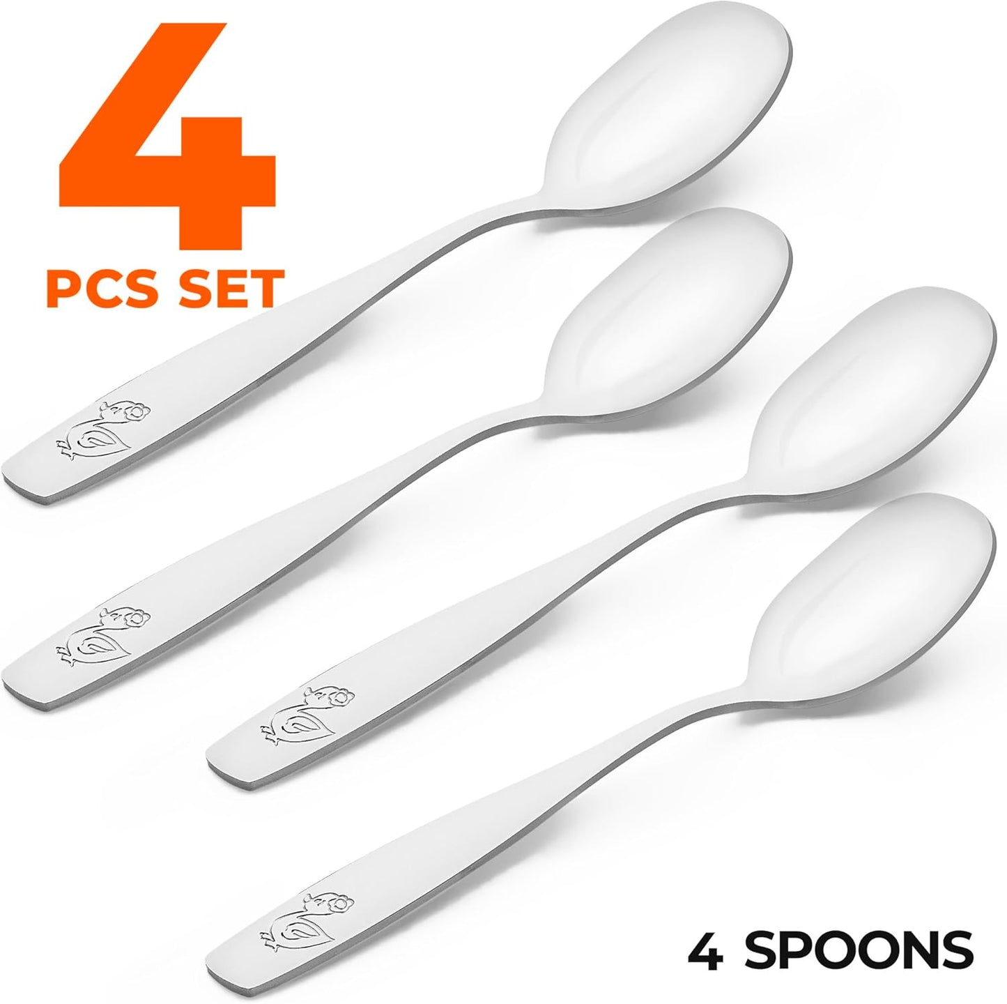 4-Piece Toddler Utensils - Child and Toddler Silverware Set for Self Feeding - Smooth Edged Kids Silverware Stainless Steel, Mirror Polished, Dishwasher Safe (4 Spoons)