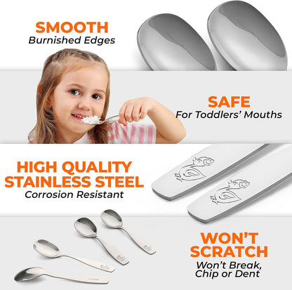 4-Piece Toddler Utensils - Child and Toddler Silverware Set for Self Feeding - Smooth Edged Kids Silverware Stainless Steel, Mirror Polished, Dishwasher Safe (4 Spoons)