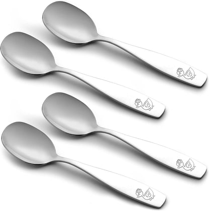 4-Piece Toddler Utensils - Child and Toddler Silverware Set for Self Feeding - Smooth Edged Kids Silverware Stainless Steel, Mirror Polished, Dishwasher Safe (4 Spoons)