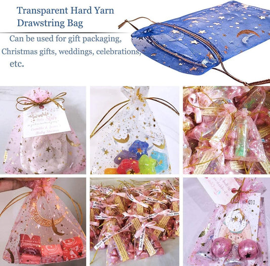 100Pcs Moon Star Organza Jewelry Candy Pouch, Gift Bags Pouches for Wedding Party Valentine's Day (Mixed Color, 3.5 x 4.7 inch)