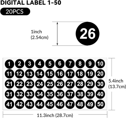 20 Sheets 1 to 50 Vinyl Small Round Labels Consecutive Number Stickers Waterproof Adhesive Inventory Stickers for Storage Box, Indoor Outdoor, Office & School Supplies