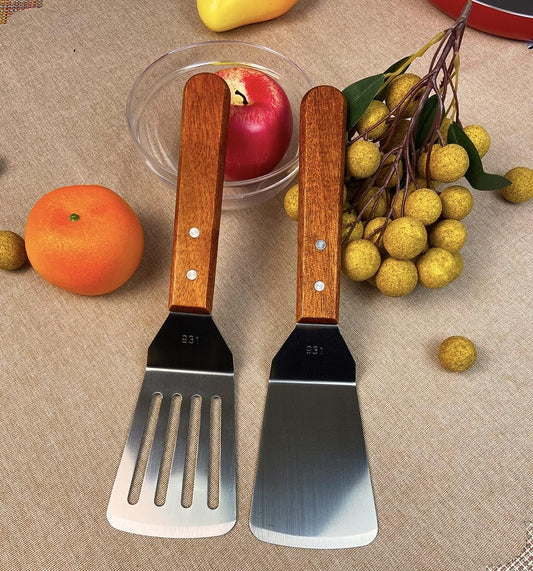 2Pcs Metal Spatulas Set, Metal Spatula for Cast Iron Skillet, Cooking Utensils Fish Egg Grill Spatula Stainless Steel Slotted Spatula, Wok Flat Top Small Metal Spatula Turner with Wood Handle