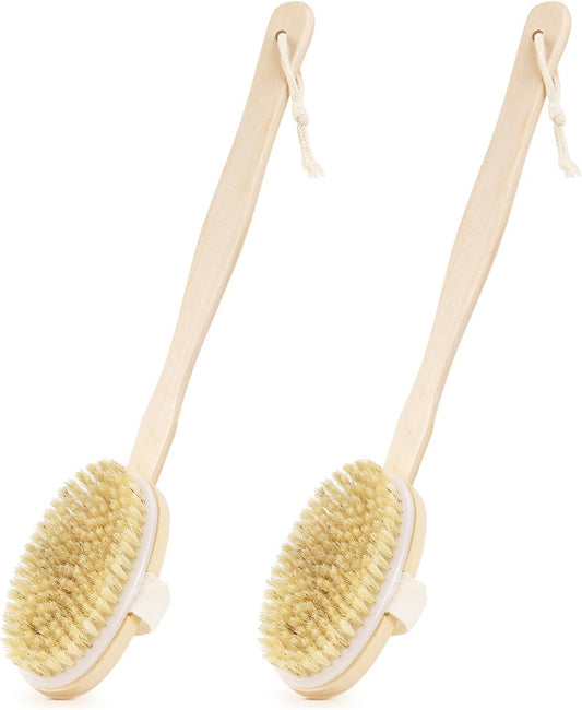 2 Pack Detachable Bath Bristle Brush, Wood Long Handle Dry Brushing Body Brush for Shower.