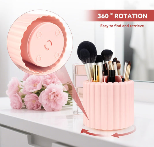 1 Pack 360° Rotating Makeup Brush Organizer, 7 Slot Make up Brush Holder for Vanity, Dresser, Desk (Pink)