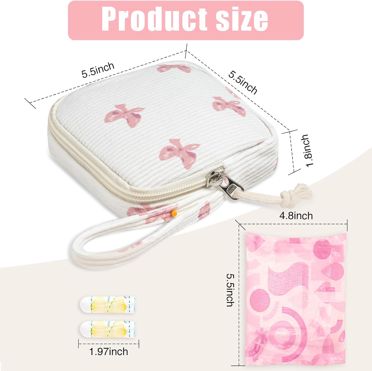 Small Makeup Bag | Discreet Period Bag Pad Pouch for Purse| Sanitary Napkin Storage & Tampon Holder for Travel(Bow pink).