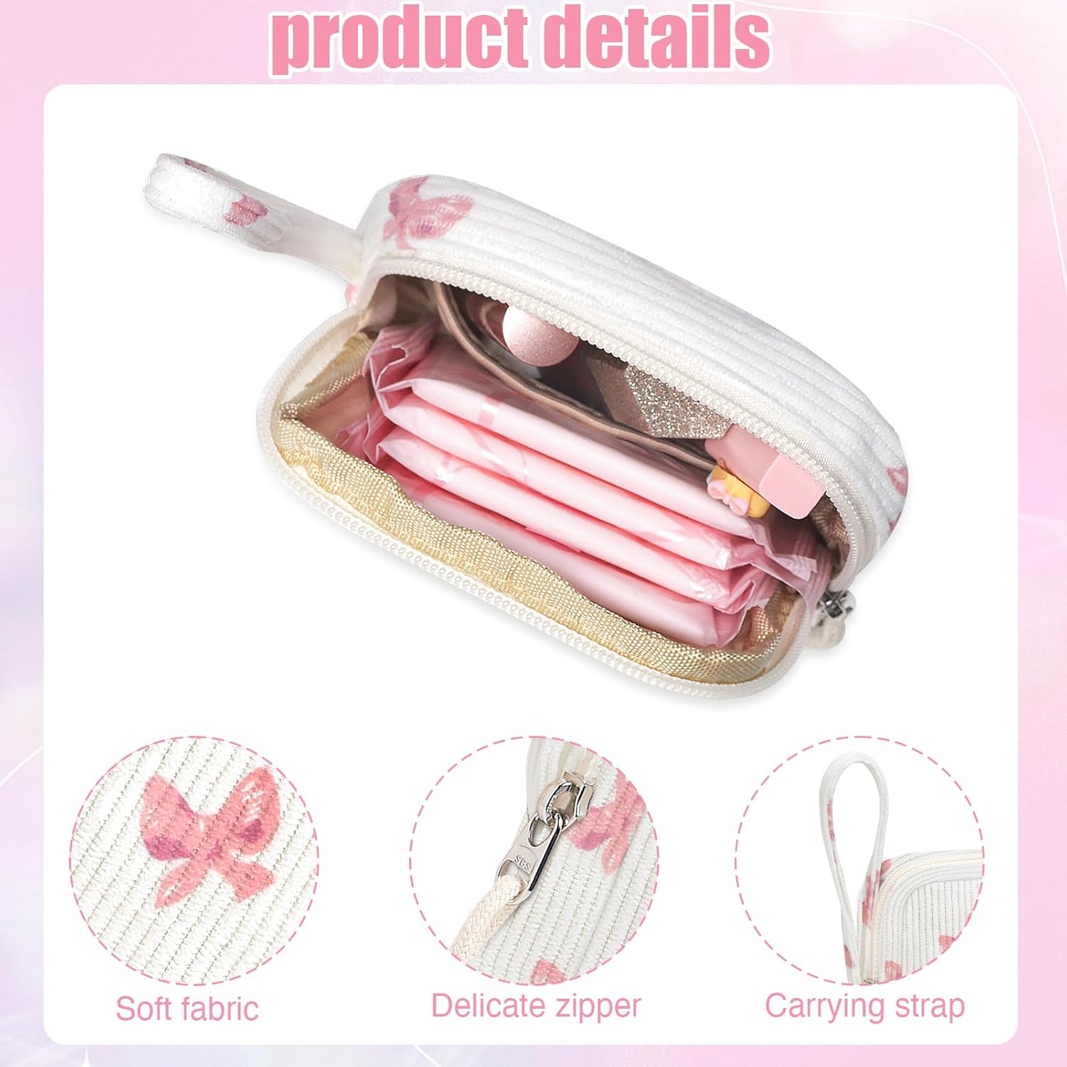 Small Makeup Bag | Discreet Period Bag Pad Pouch for Purse| Sanitary Napkin Storage & Tampon Holder for Travel(Bow pink).