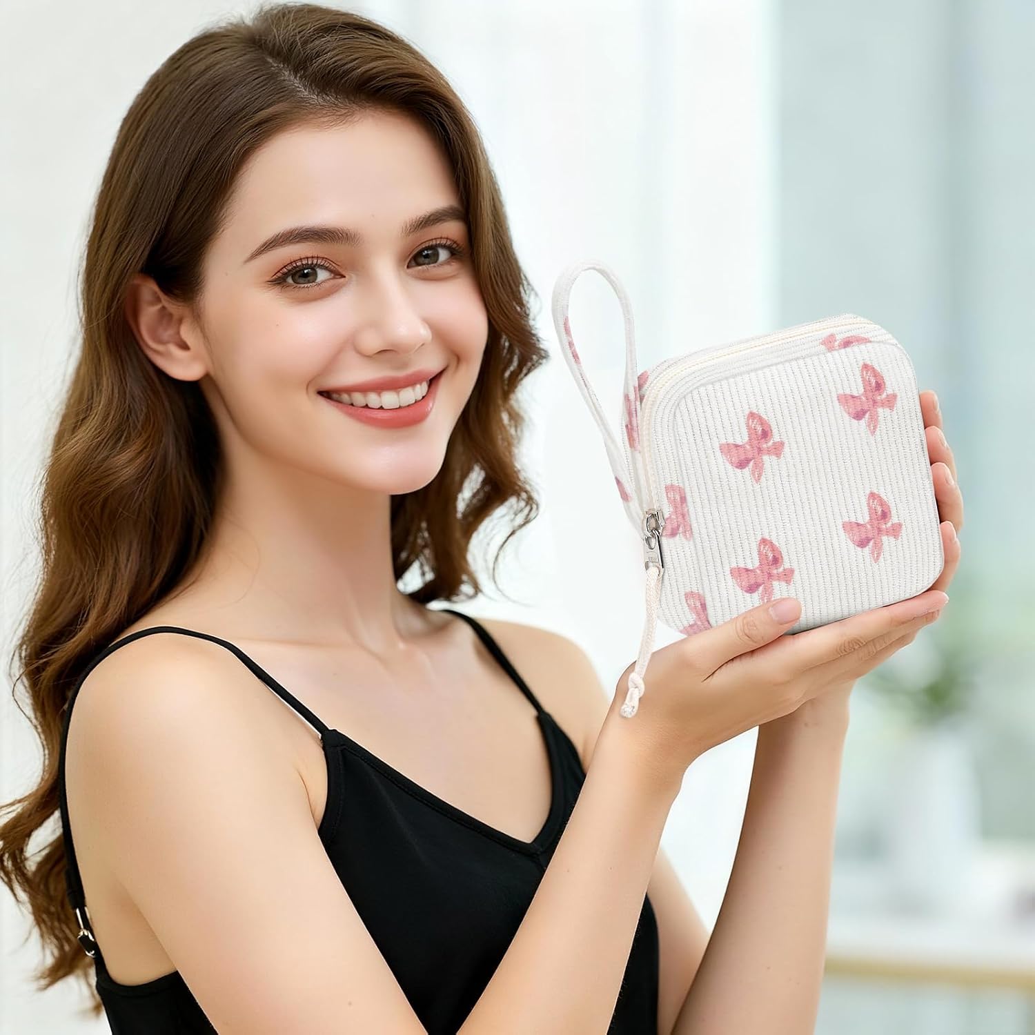 Small Makeup Bag | Discreet Period Bag Pad Pouch for Purse| Sanitary Napkin Storage & Tampon Holder for Travel(Bow pink).
