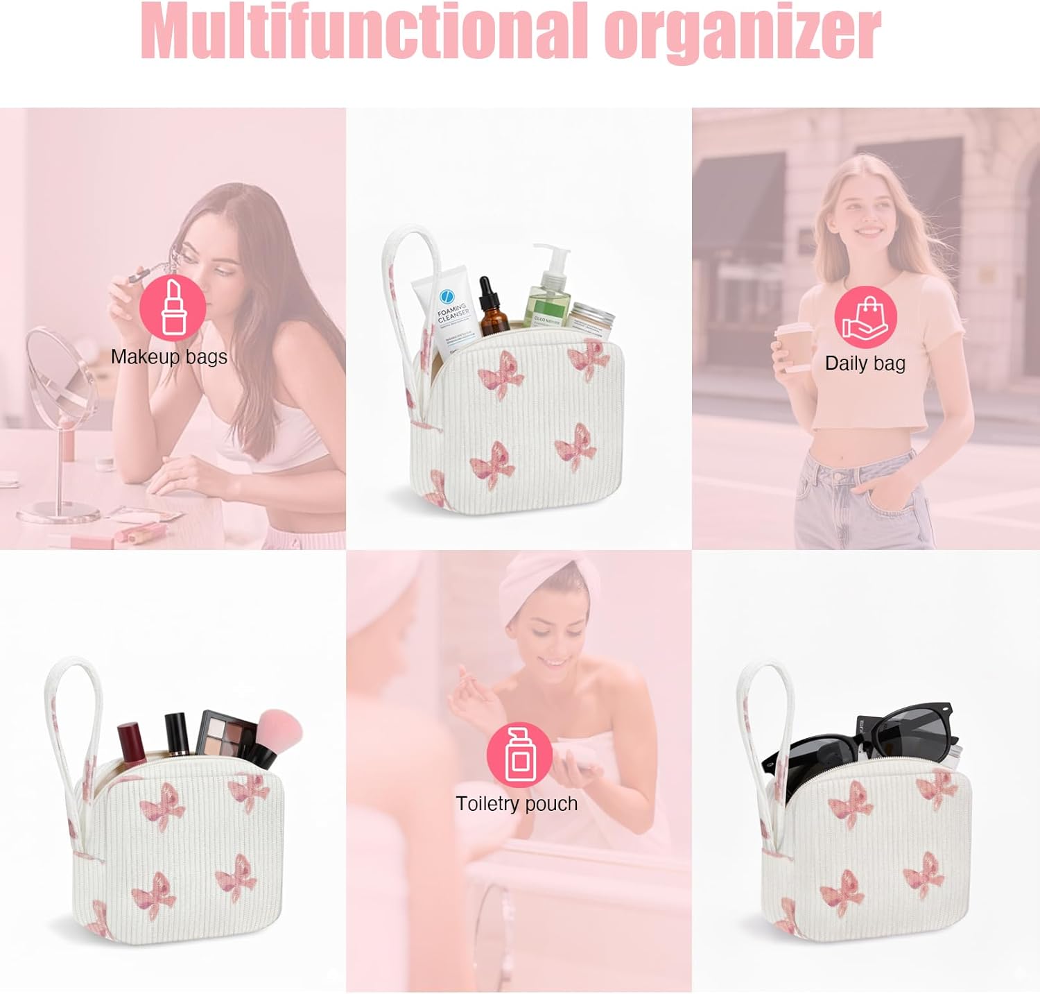 Small Makeup Bag | Discreet Period Bag Pad Pouch for Purse| Sanitary Napkin Storage & Tampon Holder for Travel(Bow pink).