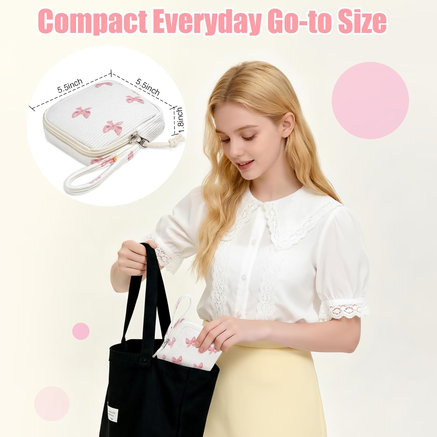 Small Makeup Bag | Discreet Period Bag Pad Pouch for Purse| Sanitary Napkin Storage & Tampon Holder for Travel(Bow pink).