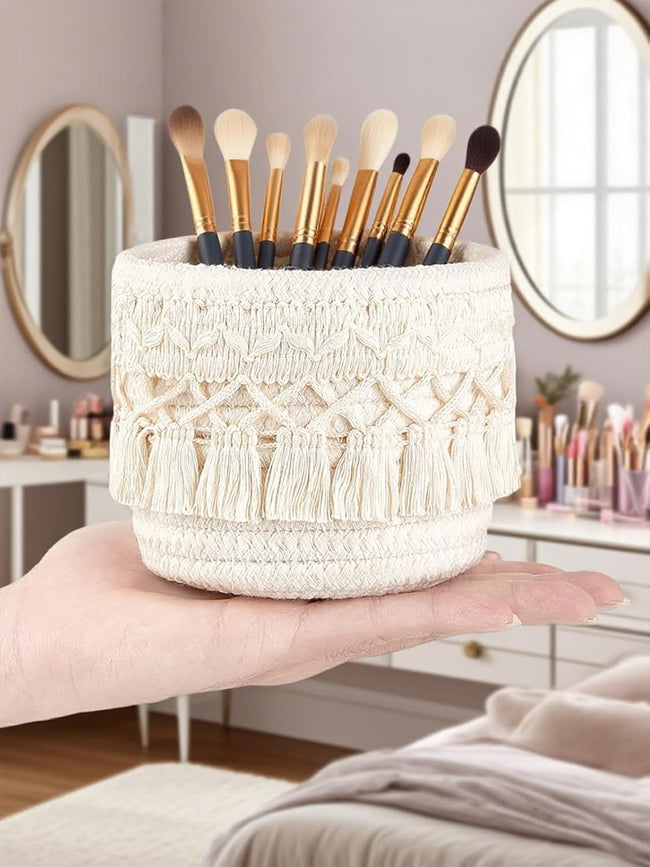 Makeup Brush Holder Organizer, Woven Makeup Organizers, Boho Decor Baskets for Vanity, Desktop, Bathroom (Ivory). Hover Image