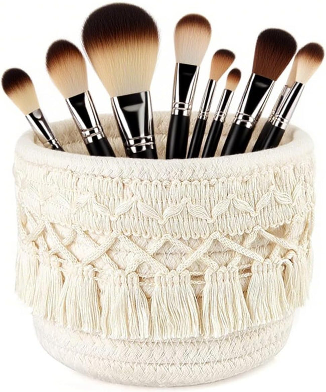 Makeup Brush Holder Organizer, Woven Makeup Organizers, Boho Decor Baskets for Vanity, Desktop, Bathroom (Ivory) Main Image