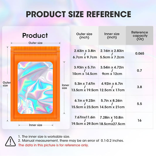 120PCS Smell Proof Mylar Bags,7.8"x11.8" Resealable Bag for Small Business,Holographic Packaging Bags with Clear Window,Foil Pouch Sample Snack Candy Jewelry Bag for Party Favors(Orange)